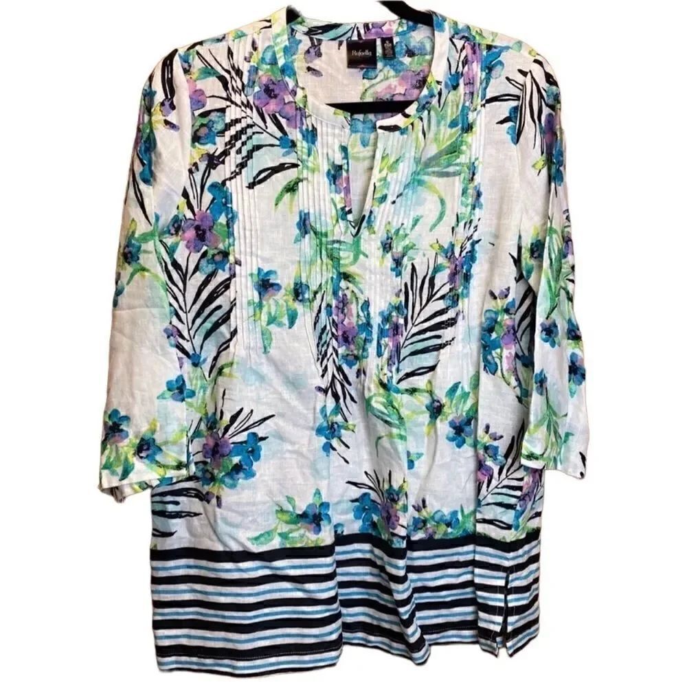 Rafaella- 100% Linen Watercolor Floral Print V-Neck Tunic Blouse, Size Large